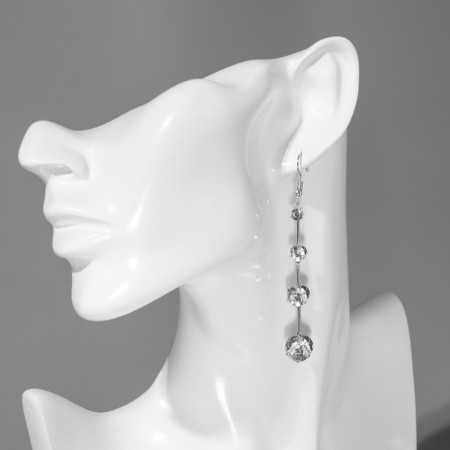 Hanging earrings with rhinestones "Drop" path, white color in silver, 6.2 cm-4