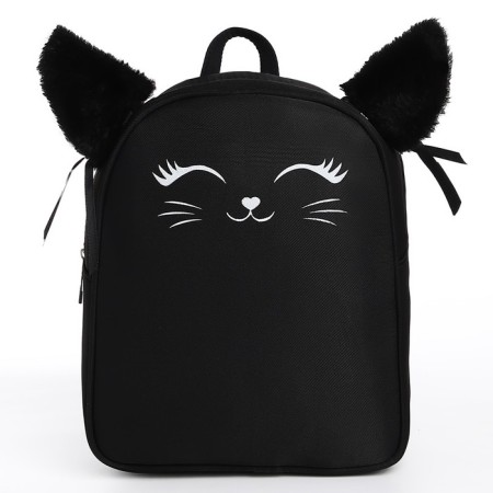 School textile backpack with ears on the hairpins "Cat", 27x23 cm, black color-3