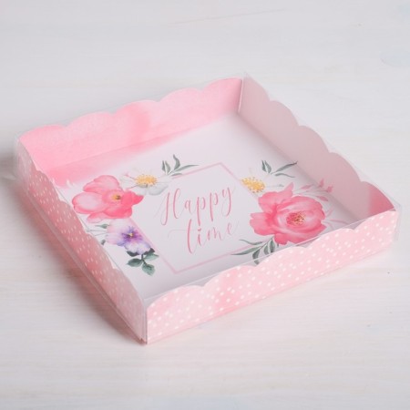 Cookie box, confectionery packaging with PVC lid, Happy Time, 15 x 15 x 3 cm