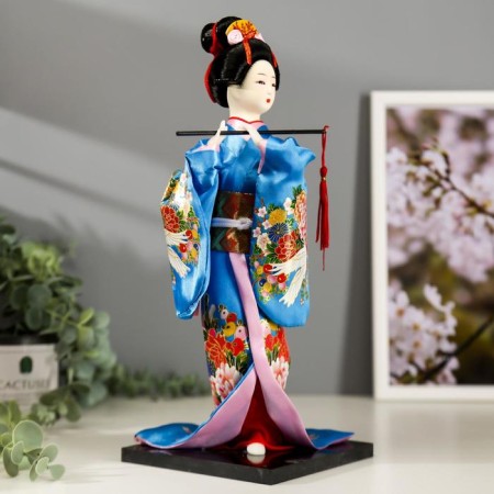 Collector doll "Japanese in a silk blue kimono with flute" 30x12.5x12.5 cm-1