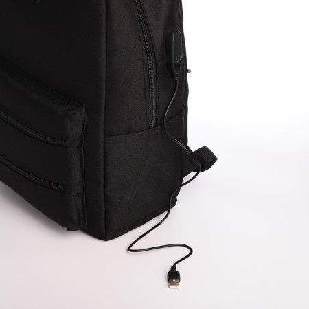 Young backpack from textiles with a zipper, USB, 5 pockets, black color-5