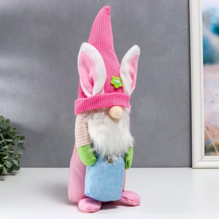 Interior doll "Dwarf in a hat with bunny ears, with a bag" Pink 40x14 cm-1