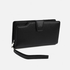 Male purse with zipper, department for bills, for maps, for coins, black color