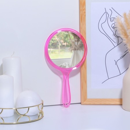 A mirror with a handle, bilateral, with an increase, D mirror surface 12.5 cm, pink color-4