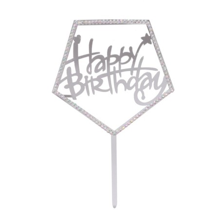 Topper "Happy Birthday", with rhinestones, silver color