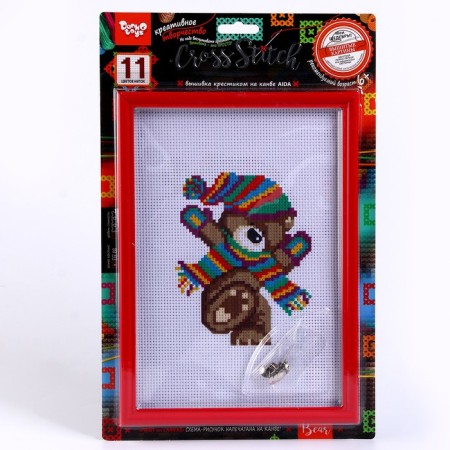 Embroidery with a cross on the canvas, series Cross Stitch "Funny Bear"