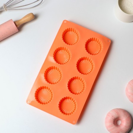 Baking uniform “Conddy”, silicone, 8 cells, 28 × 16 × 2.1 cm (D = 5.4 cm), Orange color-2