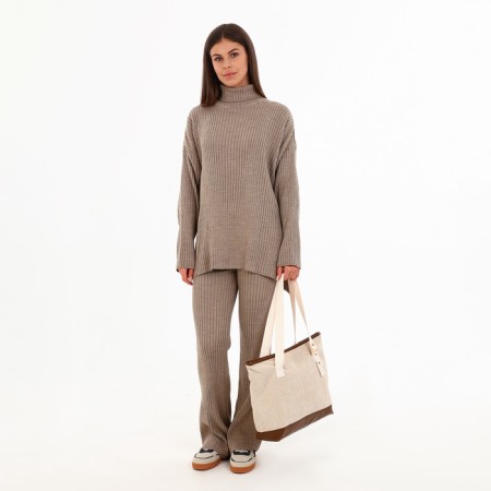 Zipper bag, external pocket, beige color-7