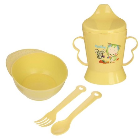 A set of children's dishes, 4 items: bowl, spoon, fork, chip with solid nose 200 ml, MIX color-11