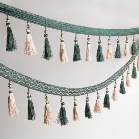 Braid with beads, 13 cm, 5 ± 0.5 m, emerald/beige color-1
