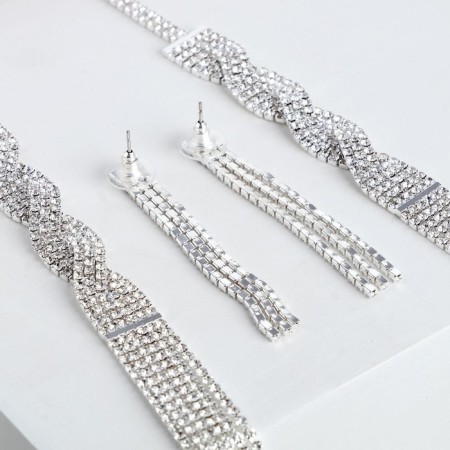 Set 2 objects: earrings, necklace "ice" pigtail, 80cm, white color in silver, 80cm-1