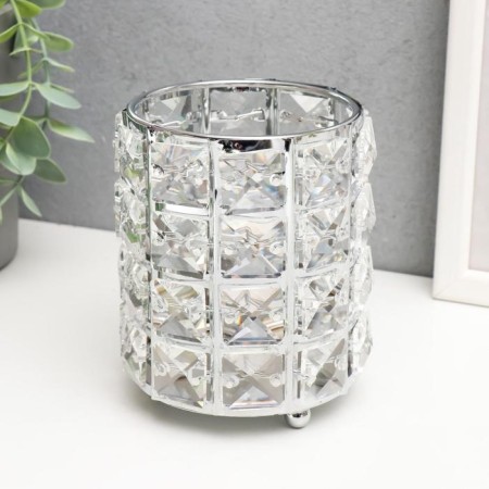 Summary metal, glass for 1 candle "Crystals and cylinder" silver 12x10x10 cm