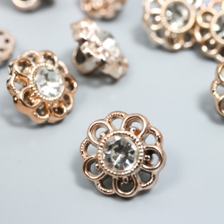 Buttons plastic for creativity on the leg "Flower with Strose" set 15 pcs gold 1.5x1.5 cm