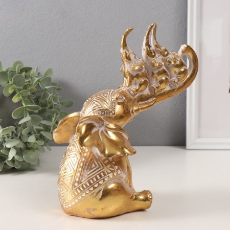 Souvenir Polystone "Elephant and 3 Elephants on the trunk. Indian patterns" Gold 19.8x10.3x21.5 cm-1