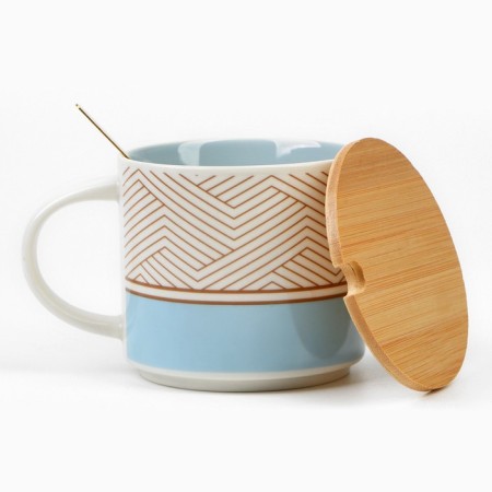 Ceramic mug with a lid and spoon "Geometry", 470 ml, beige color-7