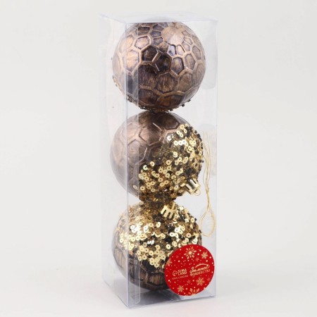 Set of balls plastic D-8 cm, 3 pcs "Fairytale patterns" snowflakes, golden brown-2
