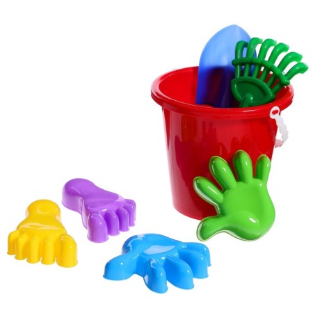 Set for playing in sand No. 20: Big bucket, scoop, rake, 4 molds-4