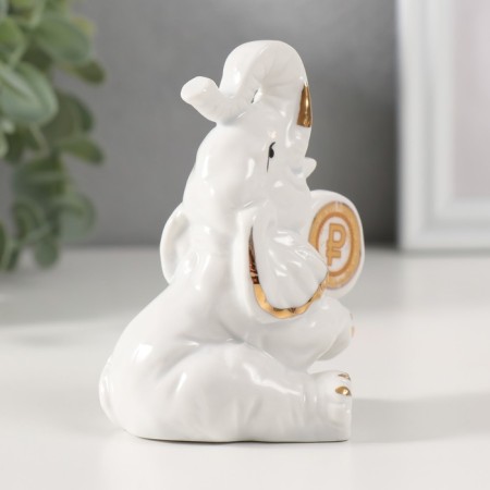 Souvenir Ceramics "Elephant with a coin - a ruble" White with gold 5.8x6.5x9.5 cm-1