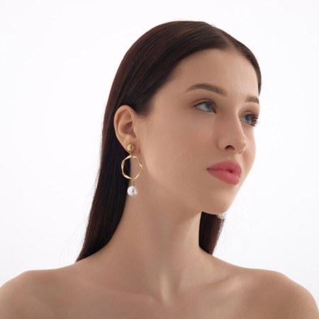 Earrings with pearls "Tenderness" circle with bead, white color in gold-3