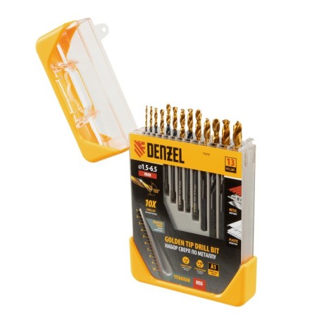 Set of metal drill Denzel 72318, HSS-Tin, Golden Tip, 13 pcs, 1.5-6.5 mm