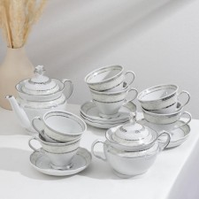 Tea porcelain service “European”, 14 items: kettle 800 ml, 6 cups 250 ml, 6 saucer d = 15 sm, sugar tower 550 ml