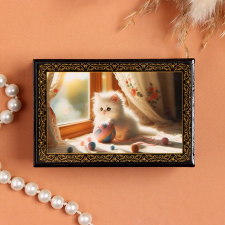 Casket "kitten", black, 6 × 9 cm, lacquer miniature-2