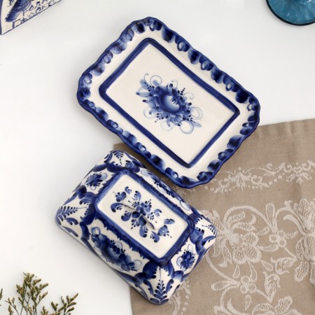 Rectangular oil, gzhel, porcelain, 12x18 cm-2