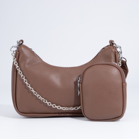 Baget bag with zipper, long belt, brown color