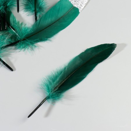 A set of goose feathers 15-20 cm, 10 pcs, dark green with silver chips-3