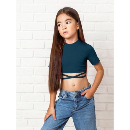 TOP for girls with short sleeves, height 128 cm, azure-blue color