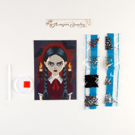 Diamond mosaic with partial filling on the canvas "Gloomy Girl", 15 x 21 cm-2