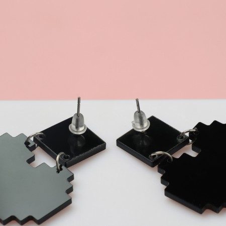 Acrylic Earrings One Love, black pink color in silver-2