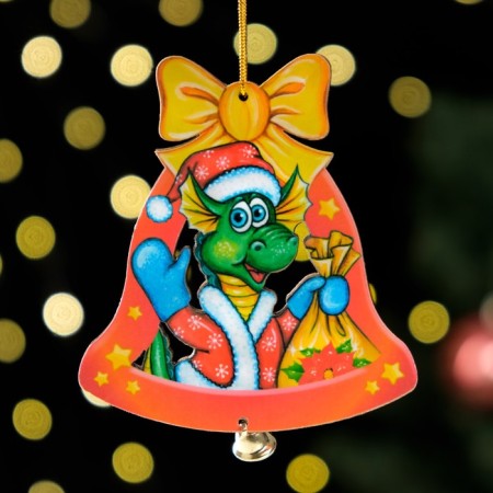 Christmas tree toy "Dragon in the bell", lamination, 84 x 93mm