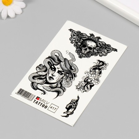 Tattoo on the body "Skull, Gorgon, Snakes" 10x15 cm-1