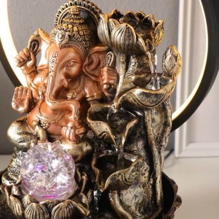 Table Polystone Fountain from the Network, Ganesha's backlight with a lotus at the waterfall 25x20x34 cm-5