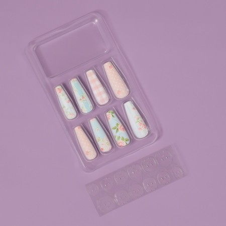 Frighting Nails Provence, 12 pcs, with adhesive plates, ballerina shape, beige/blue color-1
