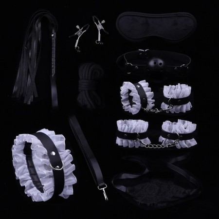 Erotic bdsm set of oka-hpki, with white lace, black, eco-leather, 9 items