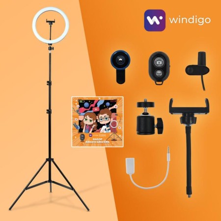 Set of young blogger Windigo Kids CB-97, lamp on a tripod, microphone, remote control, lenses, adapter