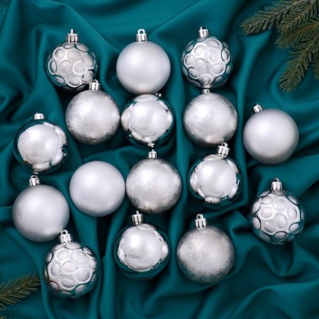 Set of balls plastic D-6 cm, 16 pcs "Classic Assorted Circles" silver