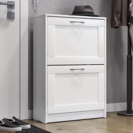 Sirius shoe cabinet, 602 × 250 × 890 mm, with two folding shelves, white color