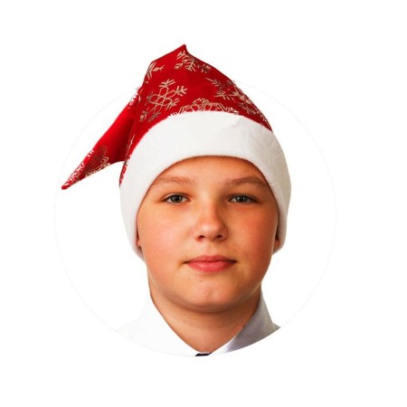 New Year's cap, red with snowflakes, satin