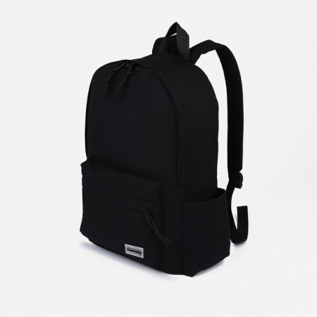 A backpack with a zipper, 4 outer pockets, black color