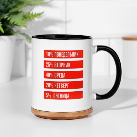 Sublimation circle "I surrender to work by 100%, volume 320 ml, black bottom-2