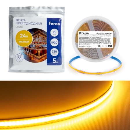Feron 5 m, IP20, COB LED strip, 320 LED/m, 8 W/m, 24 V, glow of yellow