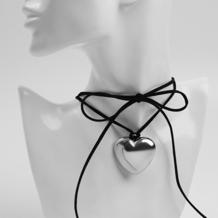 Choker "heart" metallic, black color in silver, 60 cm-4