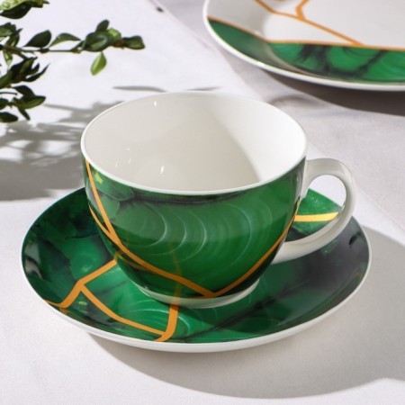 Tea steam porcelain shares "Malachite box", 2 items: a cup 250 ml, a saucer d = 15 cm, green color