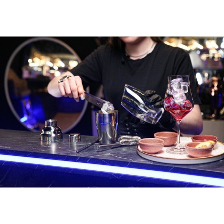 Set for the Big John Bar, 5 objects: forceps, stretcher, spoon, shaker, jigger, stainless steel-10