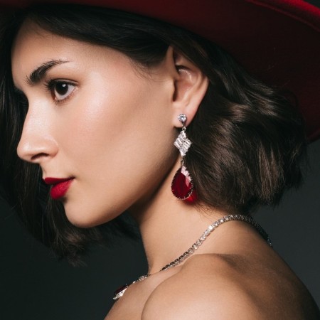 Earrings with rhinestones "Eden" breeze, red-white color in silver-3