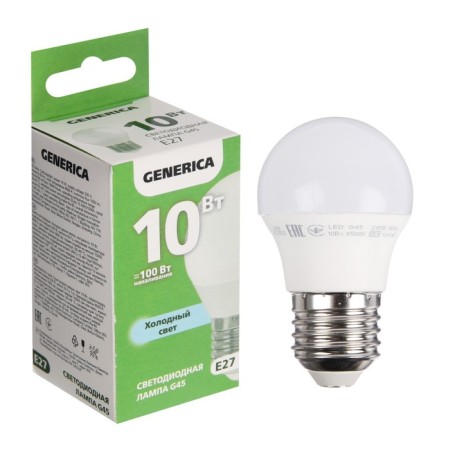 LED LED Generica G45, 10 W, ball, 6500 K, E27, 230 V, LL-G45-10-230-E27-E27-G
