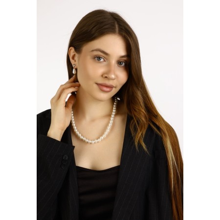 Set 2 objects: earrings, necklace "Pearl" ball No. 8, white color in silver, l = 45 cm-2